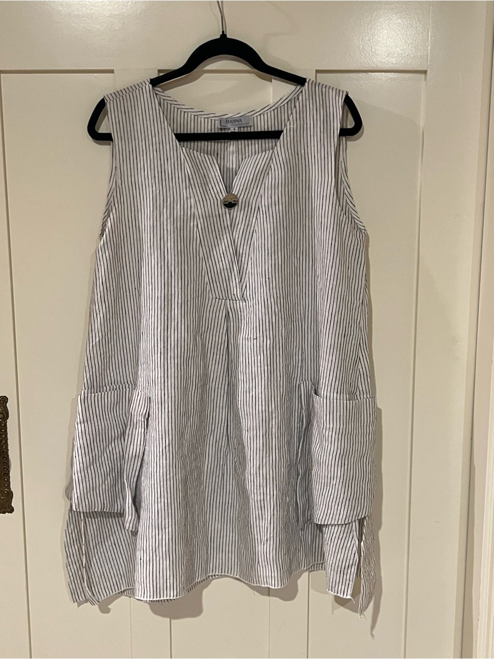 Hanna for La Journée Linen Dress Size 3 Medium White Black Stripe Pockets US